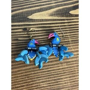 Vintage Hand Carved Wooden Parrot Bird Earrings Dangle Hand Painted Statement